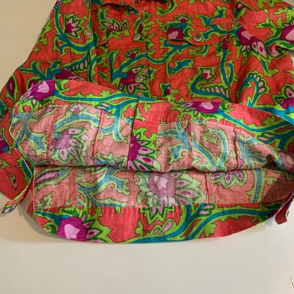 Lucy & Laurel Shirt Womens 1X Plus Bright Floral Linen Button Front Long Sleeve - Picture 8 of 10